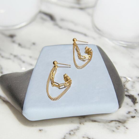 NEW 18K yellow gold plated double chain dangle drop earrings jewelry B25A - Picture 6 of 10